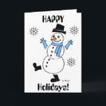 De Festividades Cartão "FELIZES FÉRIAS" Snowman<br><div class="desc">O cartão diz: "FELIZES FÉRIAS!" Um bonitinho, bonitinho bonitão para iluminar seu inverno! Inspirado pelo original da década de 50, Frosty, vintage, estilo retrô, Snowguy é o design mais bonito a tocar no inverno e a torcer na neve! Desenhado à mão a tinta e colorido digitalmente. Arte original de Sunny....</div>