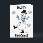 De Festividades Cartão "FELIZES FÉRIAS" Snowman<br><div class="desc">O cartão diz: "FELIZES FÉRIAS!" Um bonitinho, bonitinho bonitão para iluminar seu inverno! Inspirado pelo original da década de 50, Frosty, vintage, estilo retrô, Snowguy é o design mais bonito a tocar no inverno e a torcer na neve! Desenhado à mão a tinta e colorido digitalmente. Arte original de Sunny....</div>