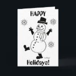De Festividades Cartão "FELIZES FÉRIAS" Snowman<br><div class="desc">O cartão diz: "FELIZES FÉRIAS!" Um bonitinho, bonitinho bonitão para iluminar seu inverno! Inspirado pelo original da década de 50, Frosty, vintage, estilo retrô, Snowguy é o design mais bonito a tocar no inverno e a torcer na neve! Desenhado à mão a tinta e colorido digitalmente. Arte original de Sunny....</div>
