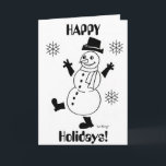 De Festividades Cartão "FELIZES FÉRIAS" Snowman<br><div class="desc">O cartão diz: "FELIZES FÉRIAS!" Um bonitinho, bonitinho bonitão para iluminar seu inverno! Inspirado pelo original da década de 50, Frosty, vintage, estilo retrô, Snowguy é o design mais bonito a tocar no inverno e a torcer na neve! Desenhado à mão a tinta e colorido digitalmente. Arte original de Sunny....</div>
