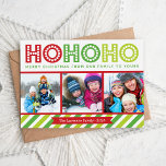 De Festividades Cartão Ho Ho Ho Photo Collage Modern Holiday<br><div class="desc">Um design de cartão com fotos de Natal moderno e bonito apresenta uma colagem de fotos com espaço para 3 fotos de sua família e uma tipografia química colorida divertida que lê Ho Ho Feliz Natal de Nossa Família para a Sua com uma ousada borda listrada no fundo. Personalize a...</div>