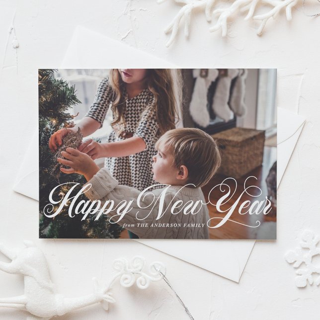 De Festividades Cartão liso da foto elegante do feliz ano novo do (White Elegant Script Happy New Year Photo Holiday Card)
