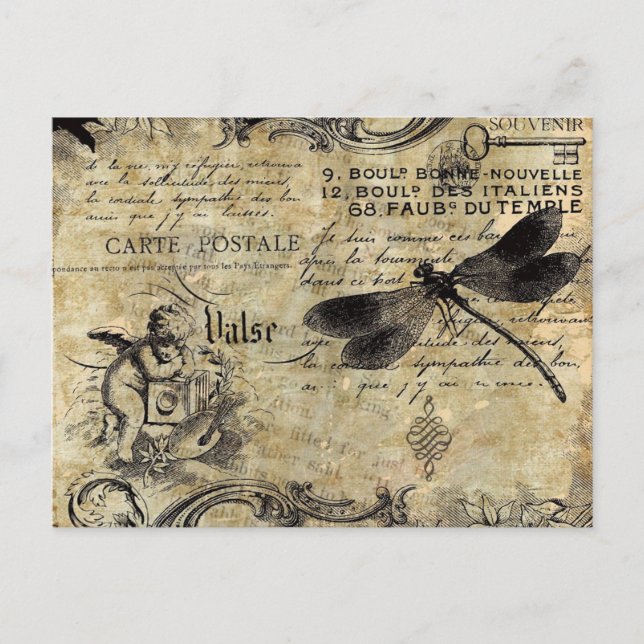 De Festividades Cartão postal - Vintage French Cherub Dragonfly (Frente)