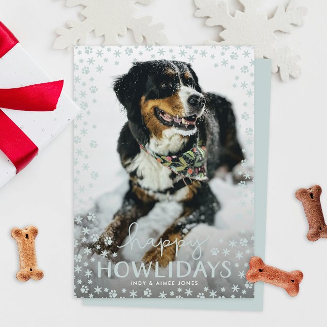 De Festividades Cinza Feliz Howlidays Pet Lover Cartão com fotos F (snowflakes and paw prints happy howlidays pet parent Christmas holiday photo cards)