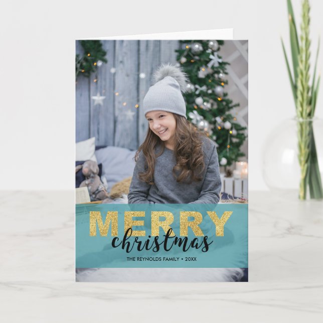 De Festividades Dourado Natal Azul Moderno - Cartão com fotos (Frente)