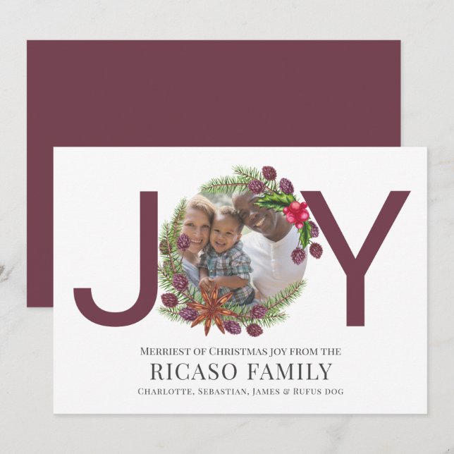 De Festividades Feliz Natal Joy Plum Wreath Cartão com fotos (Frente/Verso)
