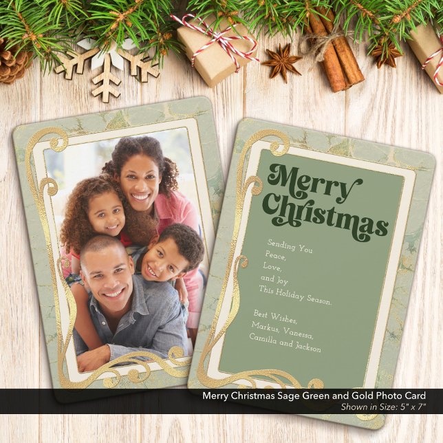 De Festividades Feliz Natal Sage Green e Dourado Cartão com fotos (Merry Christmas, Sage Green and Gold Holiday One (1) Photo Greeting Card)