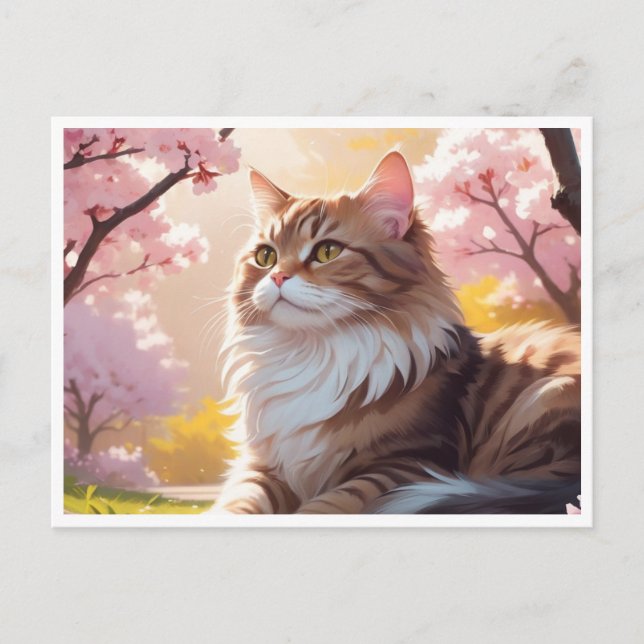De Festividades Gato com cartão postal da árvore Sakura (Frente)