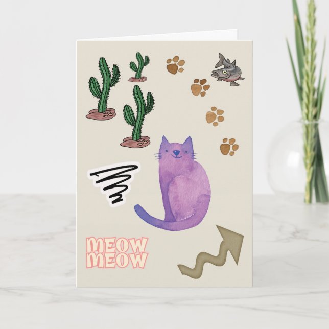 De Festividades Gato Peixe Cactus Paws Mede Cartão Saudável (Frente)