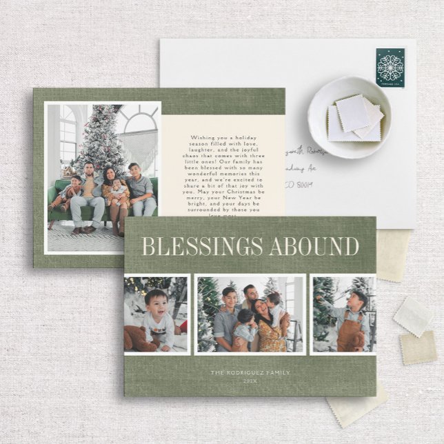 De Festividades Green Linen Blessings Abound Holiday Cartão com fo (Criador carregado)