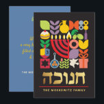 De Festividades Hanukkah Chanukah Modern Judaísmo Cartão<br><div class="desc">Hanukkah / Chanukah - Cartão Geométrico Colorido Moderno com Folha de Ouro Faux. Menorah, Dreidel, Rosquinhas, estrelas e azeite... Estão todos aqui. Símbolos hebraicos e judeus de Hanukkah espaço para adicionar seu texto personalizado na frente e ao contrário. Feliz desejo Hanukkah. Hebraico na frente diz "Chanukah". Esta bela, bela, olha,...</div>