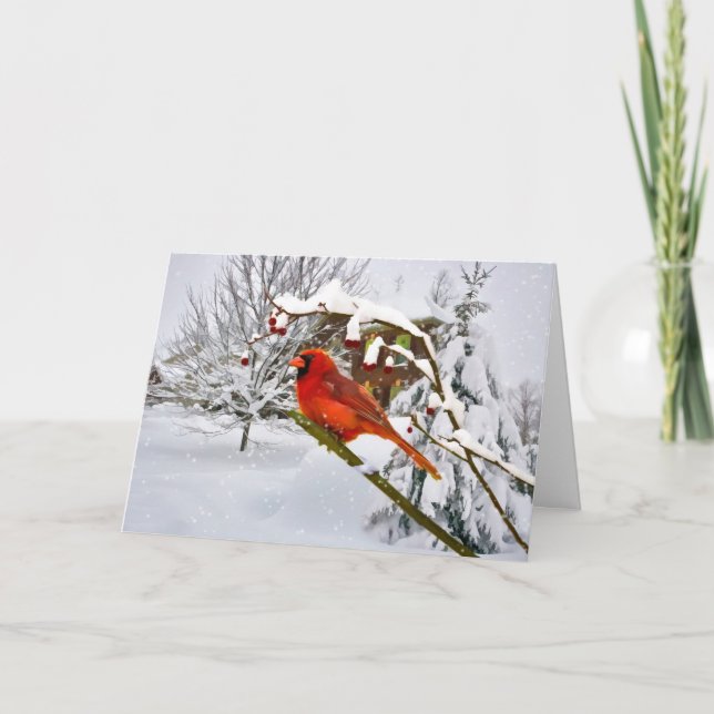 De Festividades Natal, pássaro cardinal, neve, cartão (Frente)