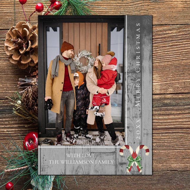 De Festividades Natal Rustic Candy Canes | CARTÃO COM FOTOS CINZA (Gray Rustic Candy Canes Christmas Photo Card)