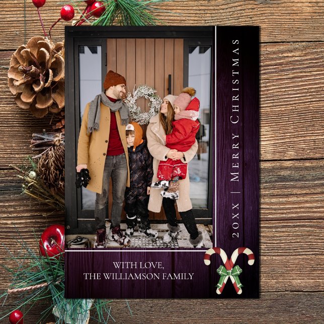 De Festividades Natal Rustic Candy Canes | Cartão com fotos roxo (Purple Rustic Candy Canes Christmas Photo Card)