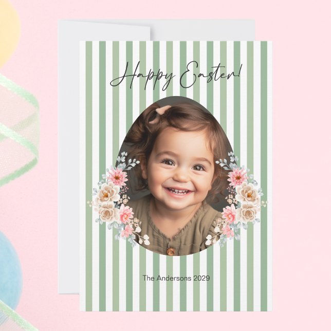 De Festividades Páscoa Cartão com fotos com fundo verde faixa (Easter Photo Card with Striped Green Background)