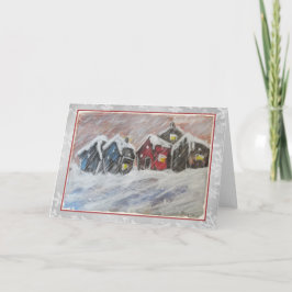 De Festividades Pouca casa vermelha no cartão da arte da neve