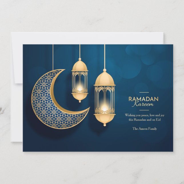 De Festividades Ramadan Kareem - Cartão Azul e Dourado (Frente)