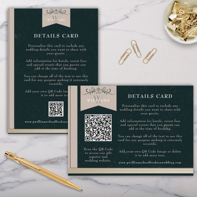 De Informações Vintage Black Tan QR Code Wedcard Inserir Cartão (Vintage Library Book Cover Theme Wedding Invitation Details Cards with QR Code in Black and Tan)