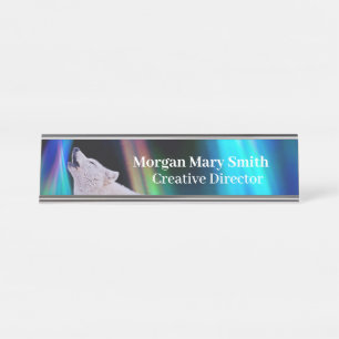 De Mesa Aurora Borealis Wolf Song Placa do nome do arco-