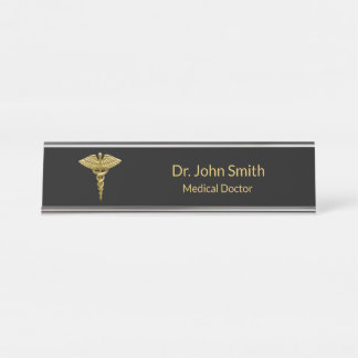 De Mesa Caduceus Dourado médico no preto - placa conhecida
