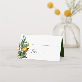 De Mesa Cartão Citrus Weding Place com laranjas