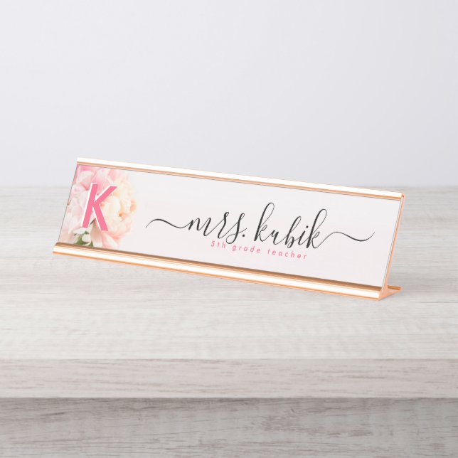 De Mesa Pink Peony Rosa Dourado Teacher Nome Placa (Frente)