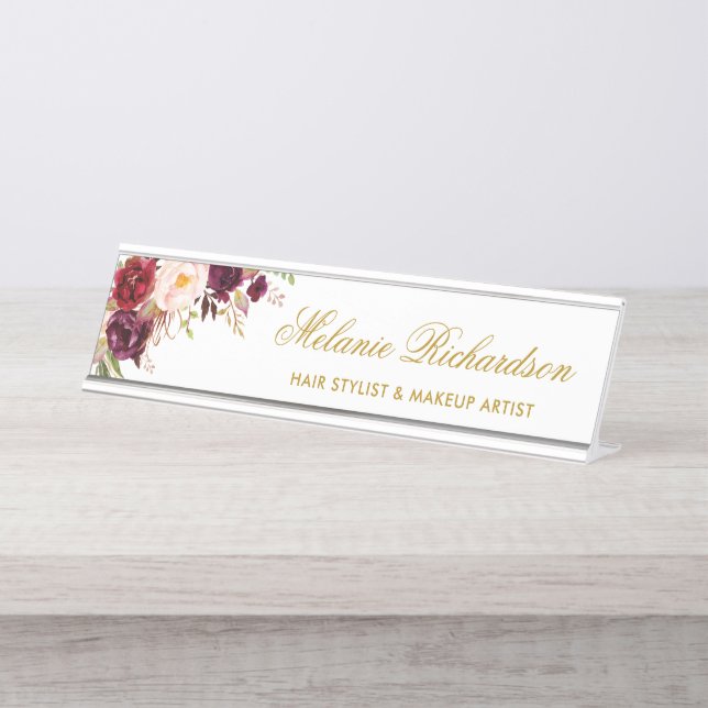 De Mesa Watercolor Burgundy Nome Floral Dourado Placa (Frente)