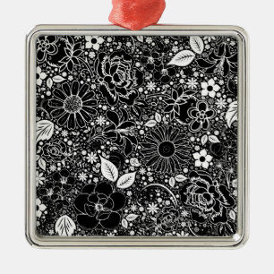 De Metal Beleza Botânica Negra em Ornamento Quadrado Branco