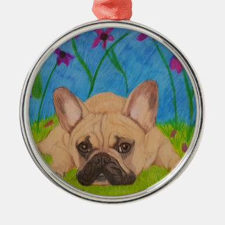 De Metal Buldogue francês no ornamento das flores