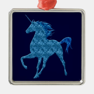 De Metal Ornamento ao quadrado Unicorn Blue Fire