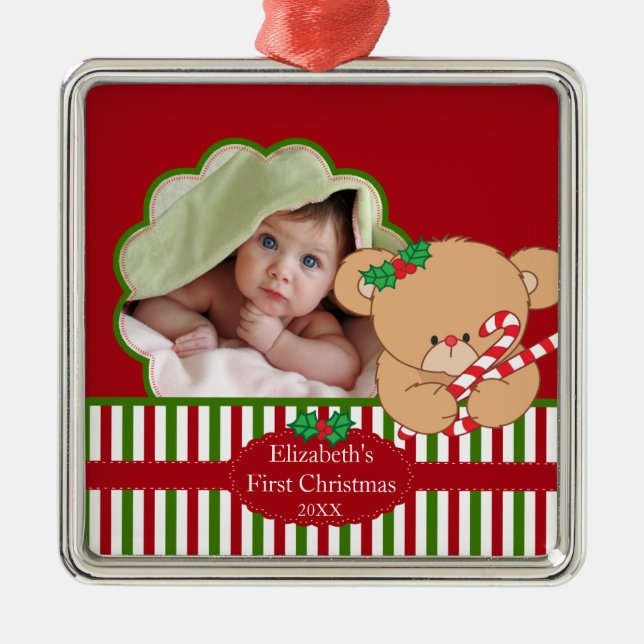 De Metal Ornamento da foto do Natal do bebê urso doce do (Frente)