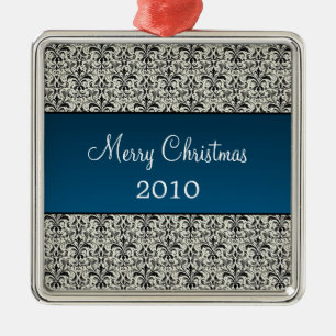 De Metal Ornamento Quadrado Premium Damask Holiday, Azul