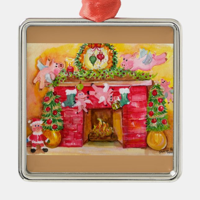 De Metal Os porcos do vôo decoram a lareira & o ornamento (Frente)