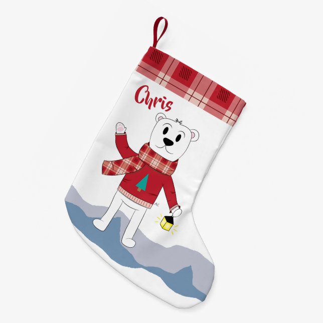 De Natal Pequena Meia com beira da xadrez do falso e o urso polar (Frente (Pendurada))