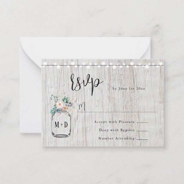 De Notas Orçamento Rustic Luzes Mason Jar Weding Cartão RSV (Frente)