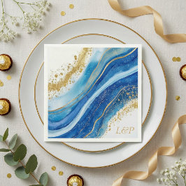 De Papel Guardanapo com Monograma em Aquarela Azul e Dourad