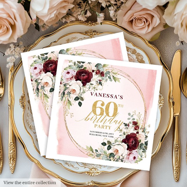 De Papel Guardanapo Floral Clássico Burgundy Blush para Ani (Classic Burgundy Blush Floral 60th Birthday Napkins)