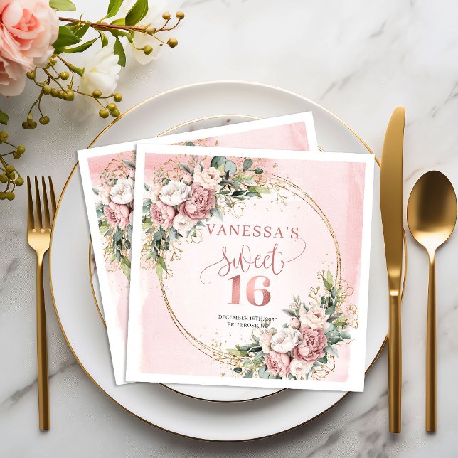 De Papel Guardanapo Floral Rosa Poeira Boho Rústico Sweet S (Rustic Boho Dusty Pink Floral Sweet Sixteen Napkins)