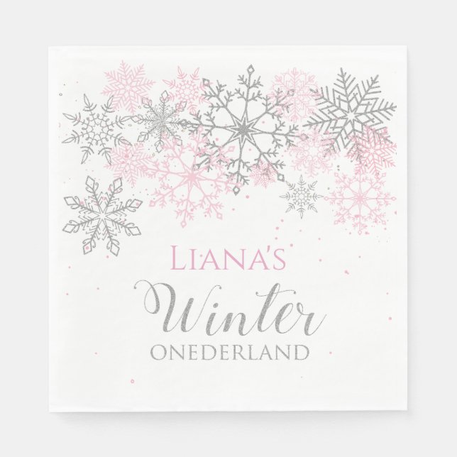 De Papel Inverno Onederland Guardanapo Prata e Rosa (Frente)