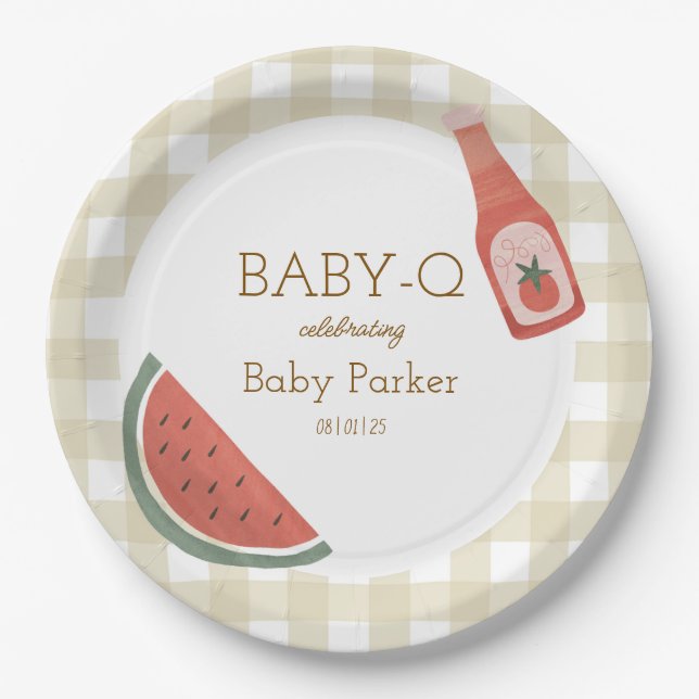 De Papel Prato Circular Baby-Q Xadrez Bege (Frente)