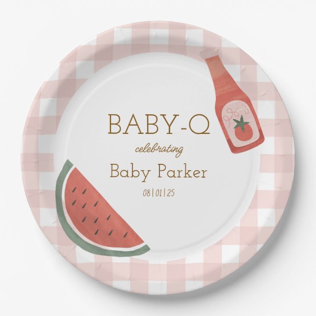 De Papel Prato Circular Baby-Q Xadrez Rosa (Frente)