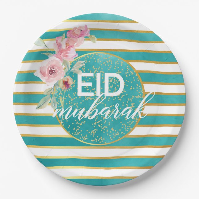 De Papel Prato Floral Eid Mubarak Dourado Turquesa (Frente)