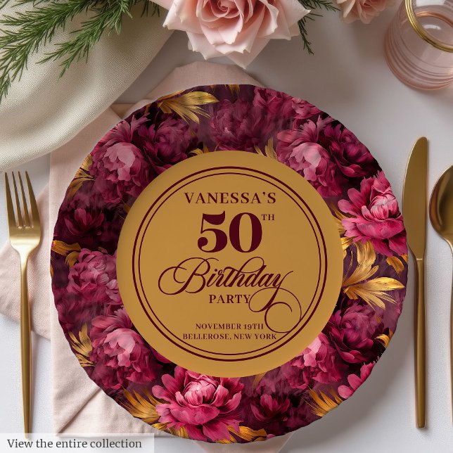 De Papel Prato Moderno Boho Bege Vino Dourado para Aniversá (Modern Boho Maroon Blush Gold 50th Birthday Plate)