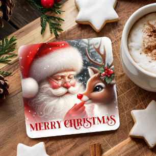 De Papel Quadrado Aquarela Papai Noel Rudolph Feliz Natal Porta-Copo