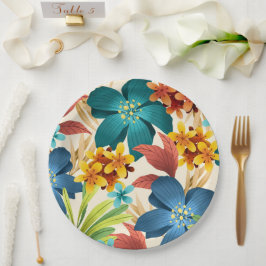 De Papel Um prato vibrante apresentando grandes flores azui