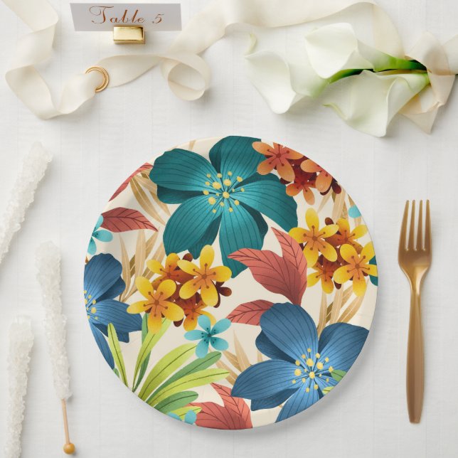 De Papel Um prato vibrante apresentando grandes flores azui (Casamento)