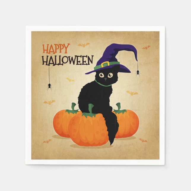 De Papel Vintage Halloween Cat e Pumpkins | Guardanapo (Frente)