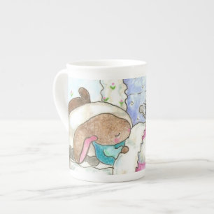 De Porcelana Coelho na cama com caneca dos insetos