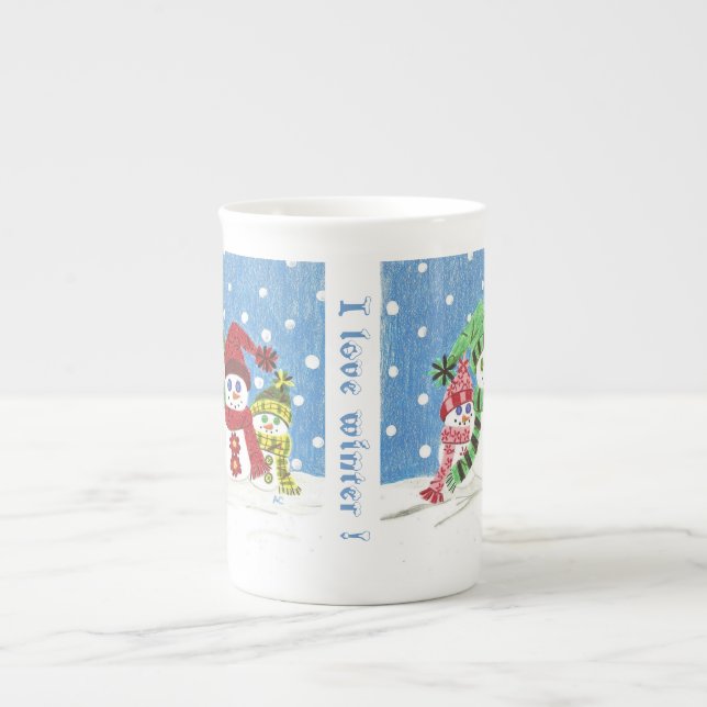 De Porcelana Família Snowmen - Caneca China óssea (Frente)