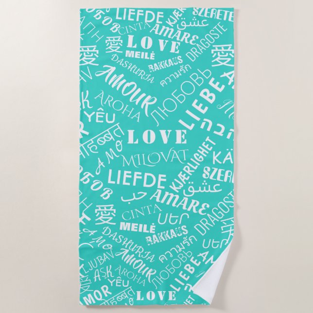 De Praia Love Text Beach Toalha Multilíngue Turquoise (Frente)